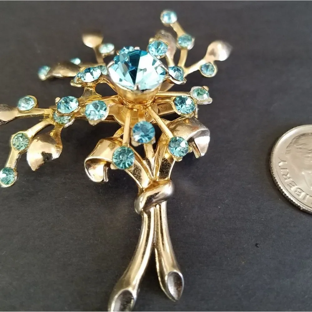 Vintage Signed Coro Pastel Blue Rhinestone Floral Bouquet Gold Tone Brooch Pin